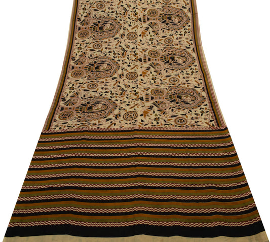 Sushila Vintage Light Brown Saree Pure Cotton Printed 5 Yard Soft Craft Fabric