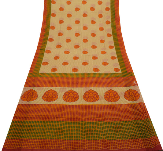 Sushila Vintage Light Brown Saree 100% Pure Cotton Printed Paisley Soft Fabric
