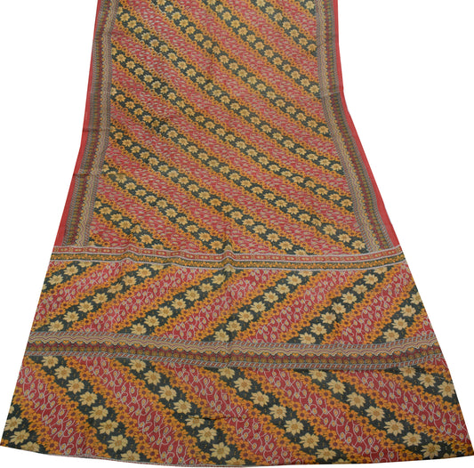 Sushila Vintage Red Indian Saree 100% Pure Cotton Printed Floral Craft Fabric