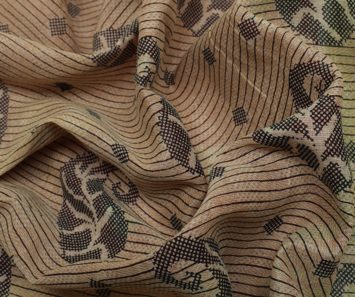 Sushila Vintage Brown Saree 100% Pure Cotton Printed Paisley 5 Yard Craft Fabric