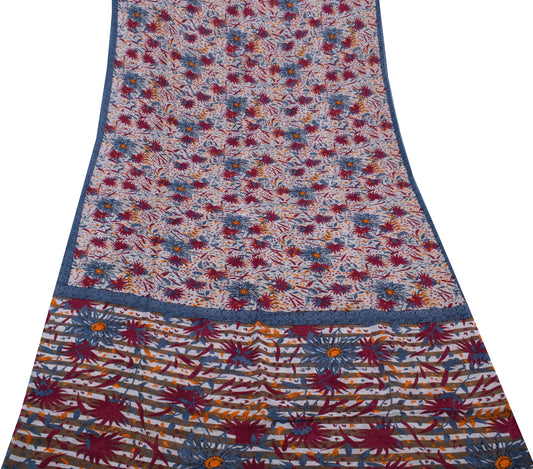 Sushila Vintage White Saree 100% Pure Cotton Printed Floral 5 YD Craft Fabric
