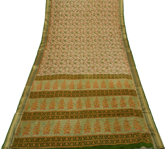 Sushila Vintage Light Brown Saree Pure Cotton Printed Floral Soft Craft Fabric