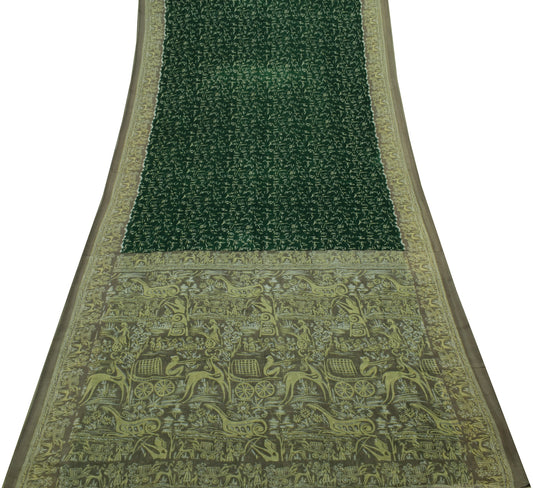 Sushila Vintage Green Indian Saree 100% Pure Cotton Printed Soft Craft Fabric