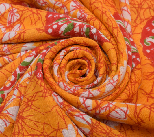 Sushila Vintage Orange Saree 100% Pure Cotton Printed Floral Soft Craft Fabric