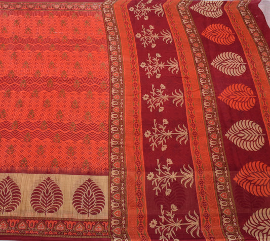 Sushila Vintage Peach Saree 100% Pure Cotton Printed Floral Soft Craft Fabric