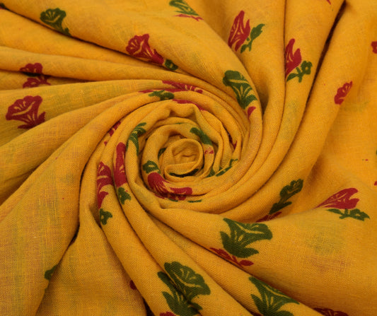 Sushila Vintage Yellow Saree 100% Pure Cotton Printed Floral Soft Craft Fabric