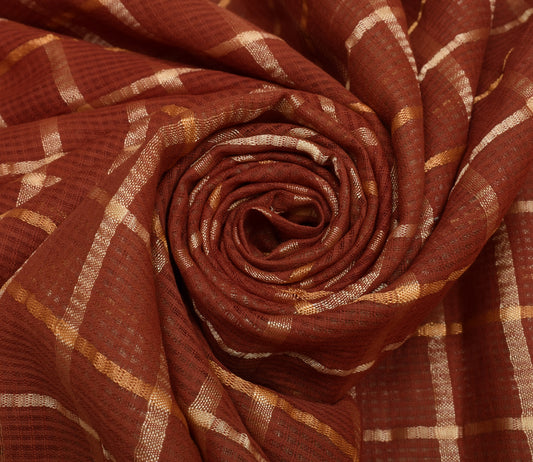 Sushila Vintage Brown Saree 100% Pure Cotton Printed Checks Soft Craft Fabric