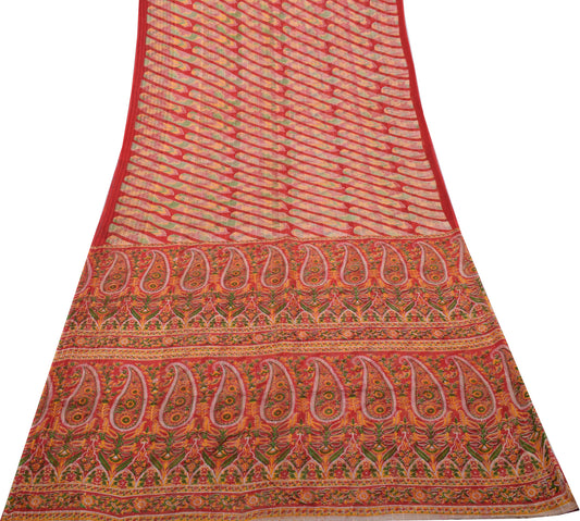 Sushila Vintage Red Indian Saree 100% Pure Cotton Printed 5 Yard Craft Fabric