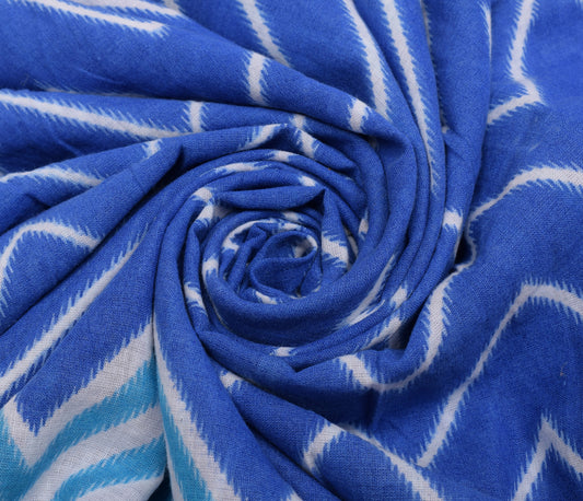 Sushila Vintage Blue Saree 100% Pure Cotton Printed Zig-Zag Soft Craft Fabric