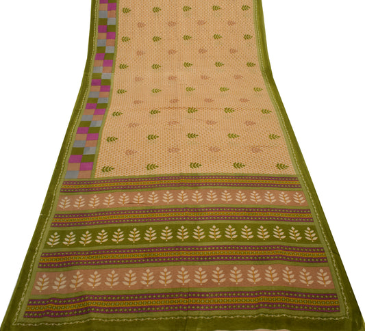 Sushila Vintage Cream Saree 100% Pure Cotton Printed Floral Soft Craft Fabric