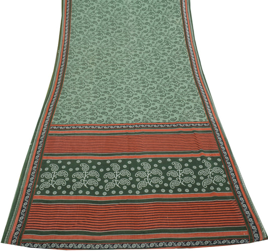 Sushila Vintage Green Saree 100% Pure Cotton Printed Paisley Soft Craft Fabric