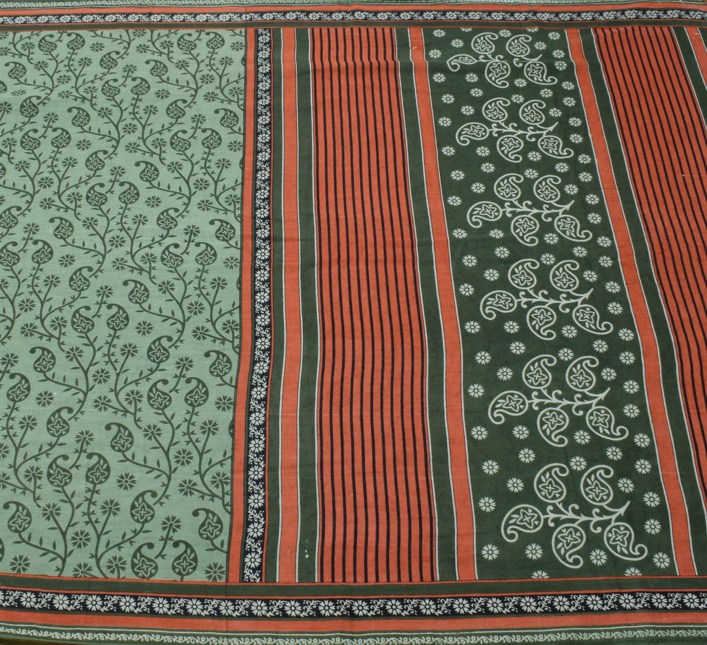 Sushila Vintage Green Saree 100% Pure Cotton Printed Paisley Soft Craft Fabric