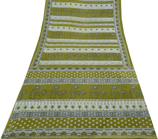 Sushila Vintage Green Saree 100% Pure Cotton Printed Floral Soft Craft Fabric
