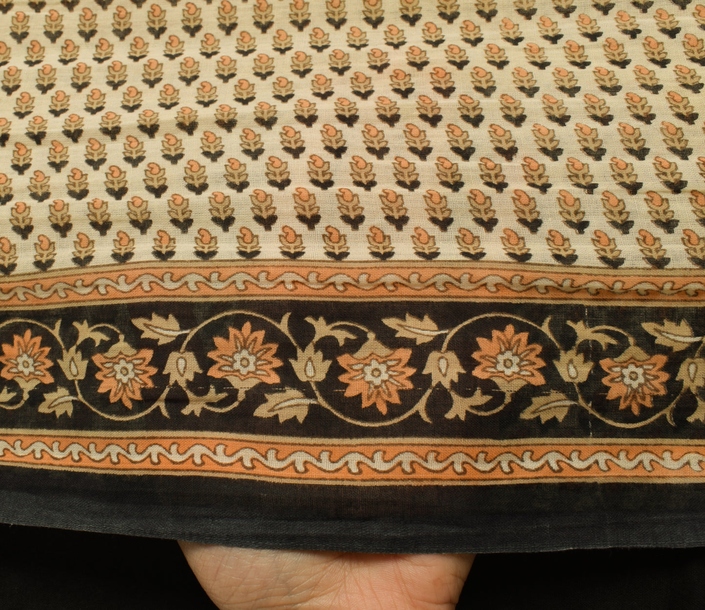 Sushila Vintage Cream Saree 100% Pure Cotton Printed Paisley Soft Craft Fabric