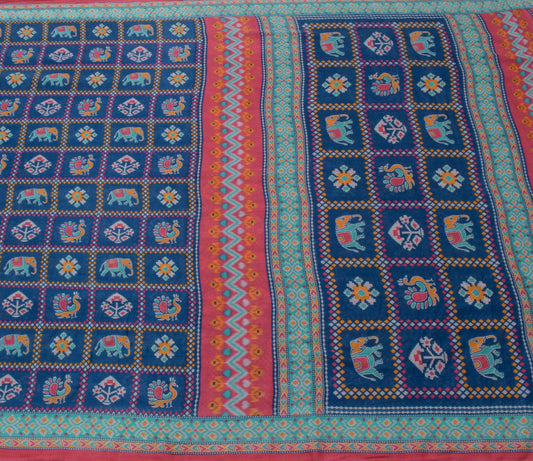 Sushila Vintage Blue Saree 100% Pure Cotton Printed Animals Soft Craft Fabric