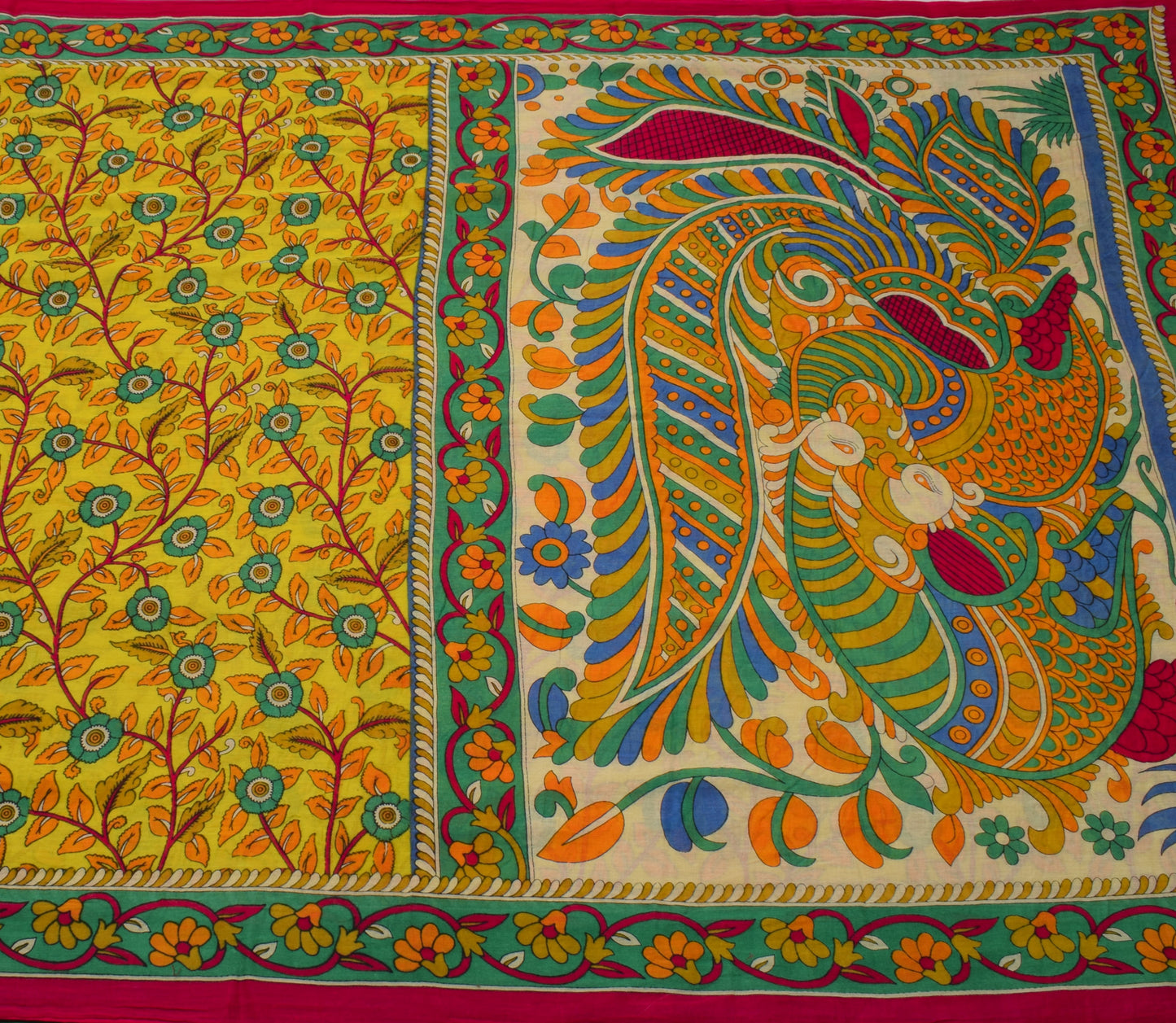 Sushila Vintage Yellow Saree 100% Pure Cotton Kalamkari Printed Floral Fabric
