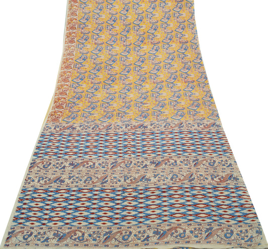 Sushila Vintage Cream Saree 100% Pure Cotton Kalamkari Printed 5 YD Craft Fabric
