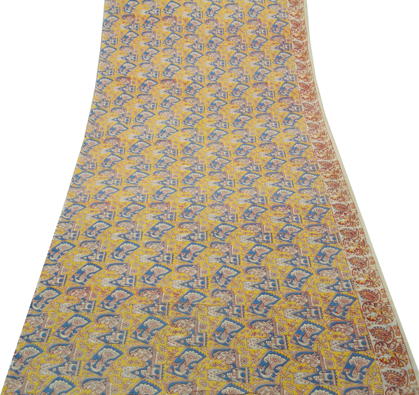 Sushila Vintage Cream Saree 100% Pure Cotton Kalamkari Printed 5 YD Craft Fabric