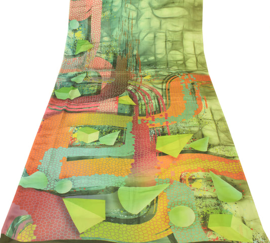 Sushila Vintage MultiColor Indian Sari Art Silk Printed Geometrical Craft Fabric