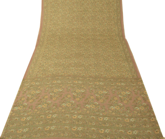 Sushila Vintage Brown Saree Blend Chiffon Silk Printed Floral Craft Fabric