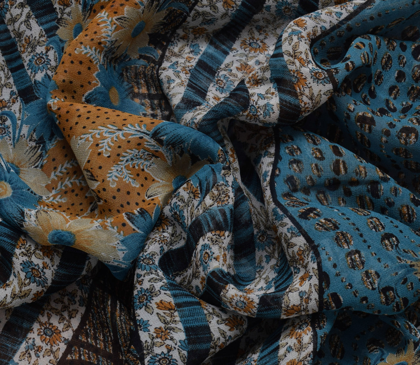 Sushila Vintage Blue Saree 100% Pure Georgette Silk Printed Floral Craft Fabric