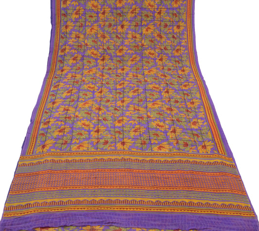 Sushila Vintage Purple Sari 100% Pure Georgette Silk Printed Floral Craft Fabric