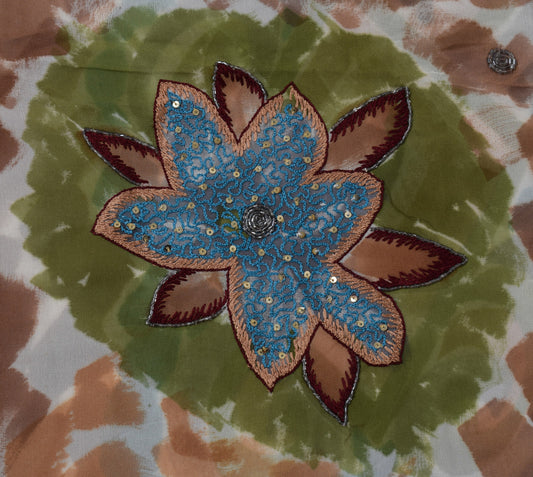 Sushila Vintage Sari 100% Pure Georgette Silk Printed Embroidered Craft Fabric