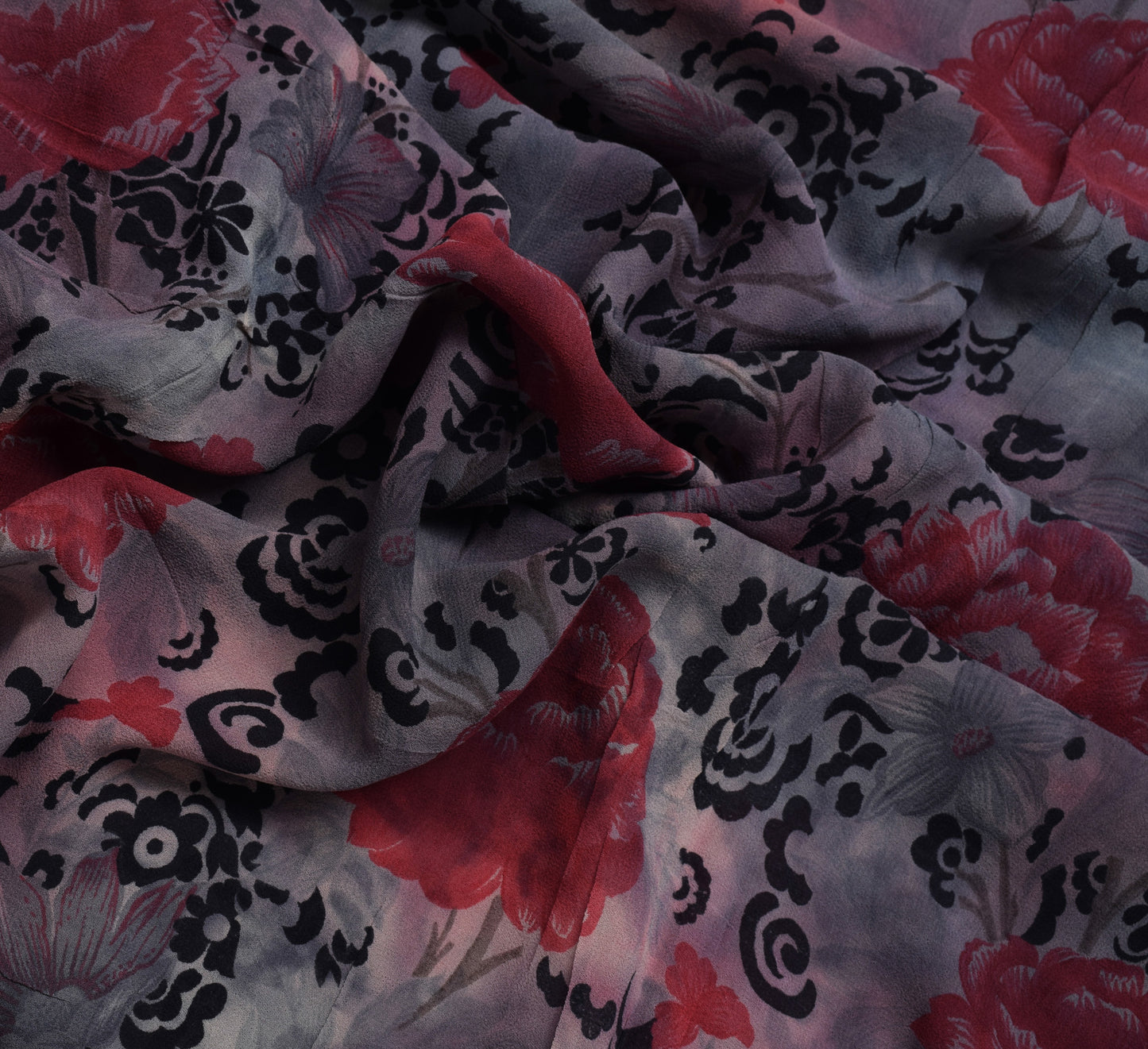 Sushila Vintage Gray Saree 100% Pure Georgette Silk Printed Floral Craft Fabric