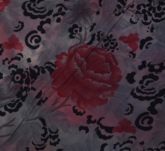 Sushila Vintage Gray Saree 100% Pure Georgette Silk Printed Floral Craft Fabric