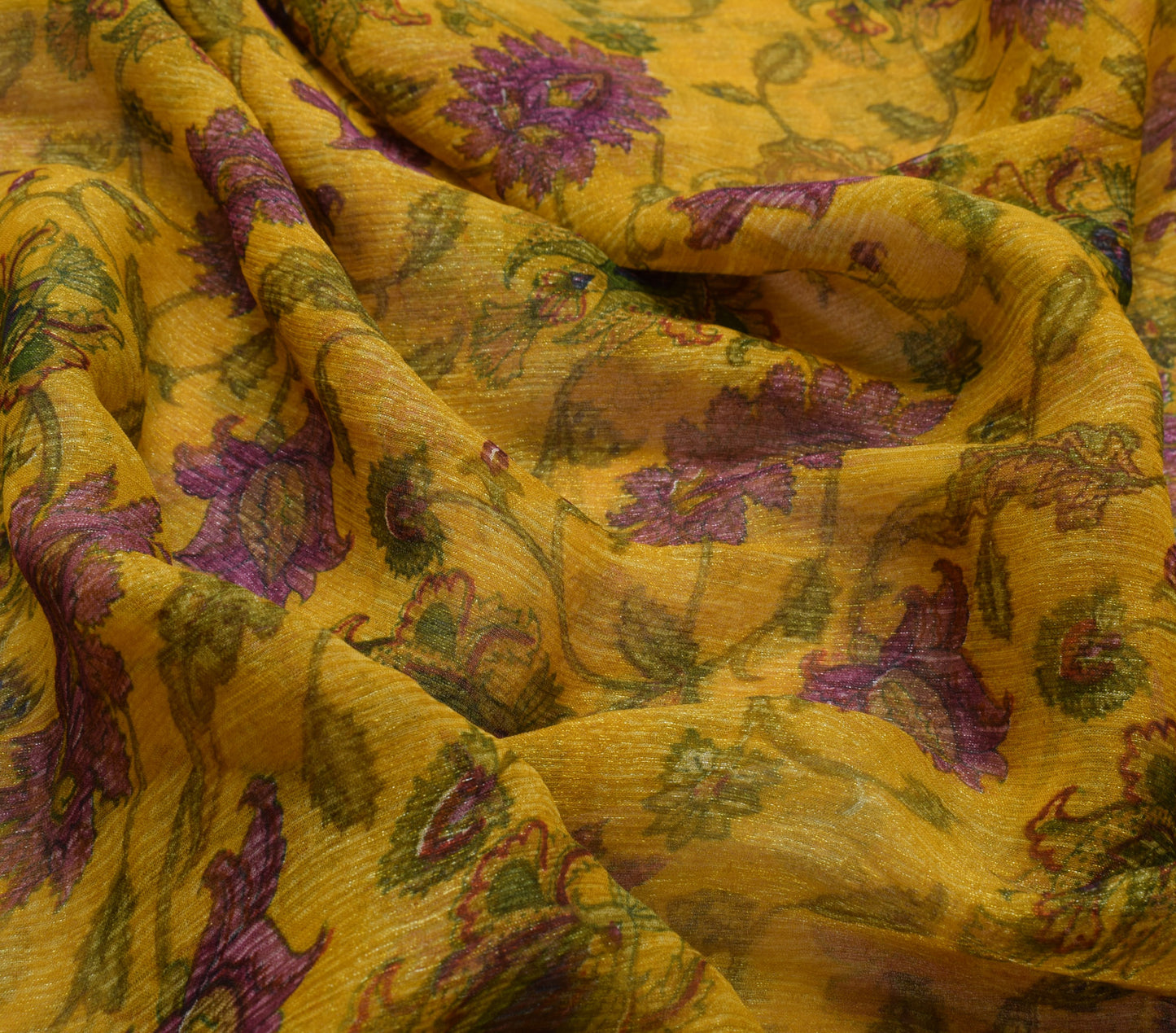 Sushila Vintage Mustard Saree Blend Chiffon Silk Printed Floral Craft Fabric