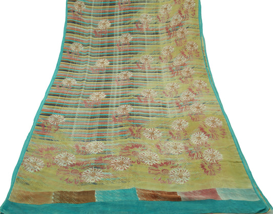 Sushila Vintage Green Saree 100% Pure Georgette Silk Printed Floral Craft Fabric