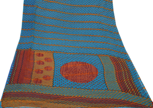 Sushila Vintage Blue Saree Blend Georgette Silk Printed Indian Craft 5 YD Fabric
