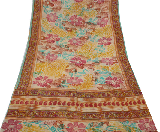Sushila Vintage Cream Saree 100% Pure Georgette Silk Printed Floral Craft Fabric