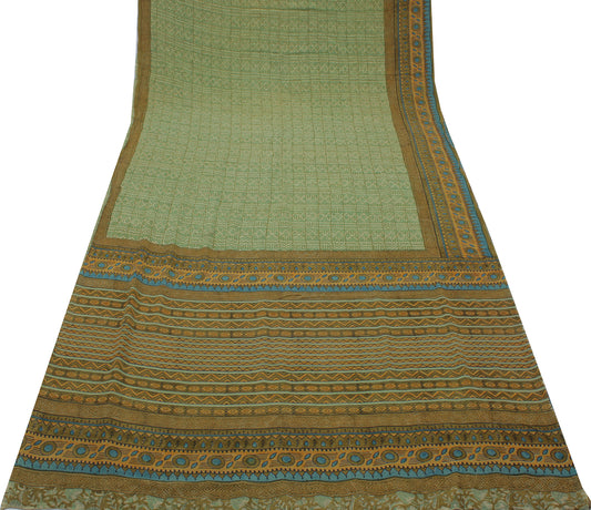 Sushila Vintage Green Sari Pure Georgette Silk Printed Abstract Craft 5YD Fabric