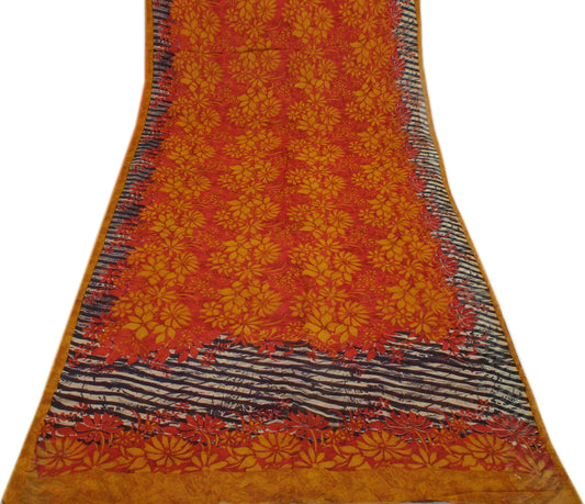 Sushila Vintage Orange Sari 100% Pure Georgette Silk Printed Floral Craft Fabric