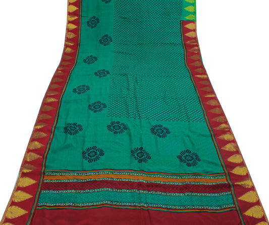 Sushila Vintage Green Saree 100% Pure Georgette Silk Printed Floral Craft Fabric