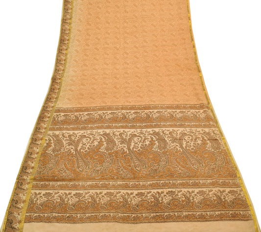 Sushila Vintage Light Brown Sari Pure Georgette Silk Printed Floral Craft Fabric