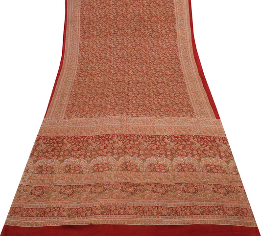 Sushila Vintage Red Saree 100% Pure Georgette Silk Printed Floral Craft Fabric