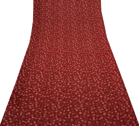Sushila Vintage Red Saree Blend Georgette Silk Printed Floral Craft 5 YD Fabric