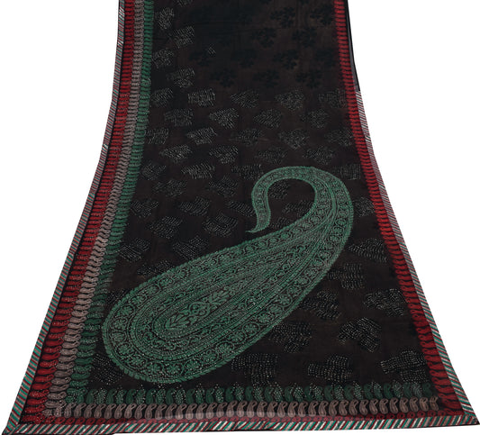 Sushila Vintage Black Saree Blend Georgette Silk Printed Floral Craft Fabric