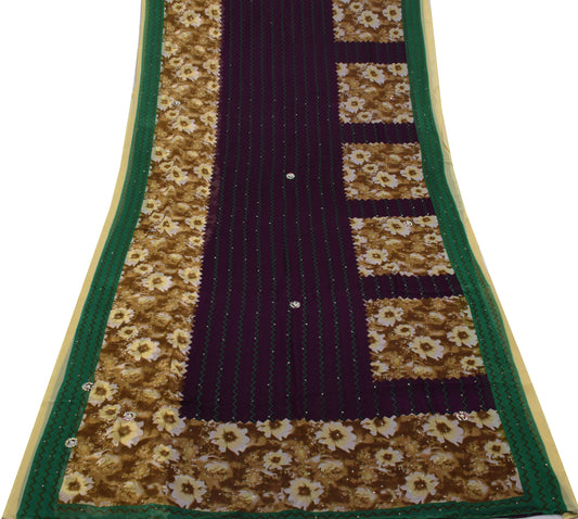 Sushila Vintage Purple Sari Blend Georgette Silk Printed Zig-Zag Craft Fabric