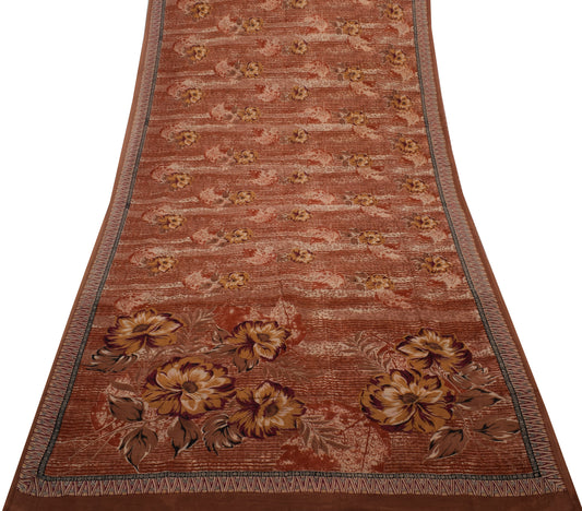 Sushila Vintage Brown Saree 100% Pure Georgette Silk Printed Floral Craft Fabric