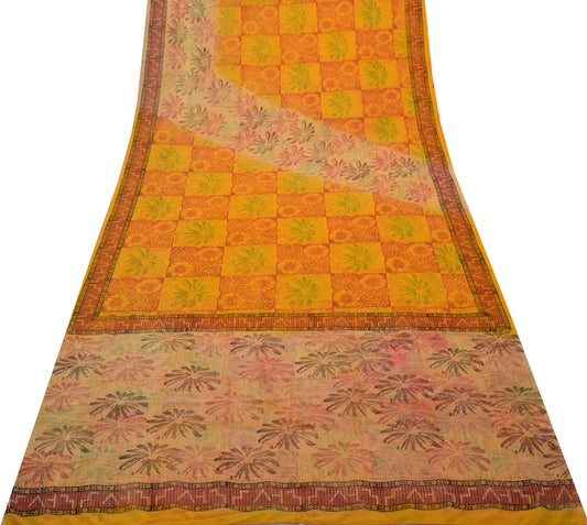 Sushila Vintage Yellow Saree Blend Georgette Silk Printed Floral Craft Fabric