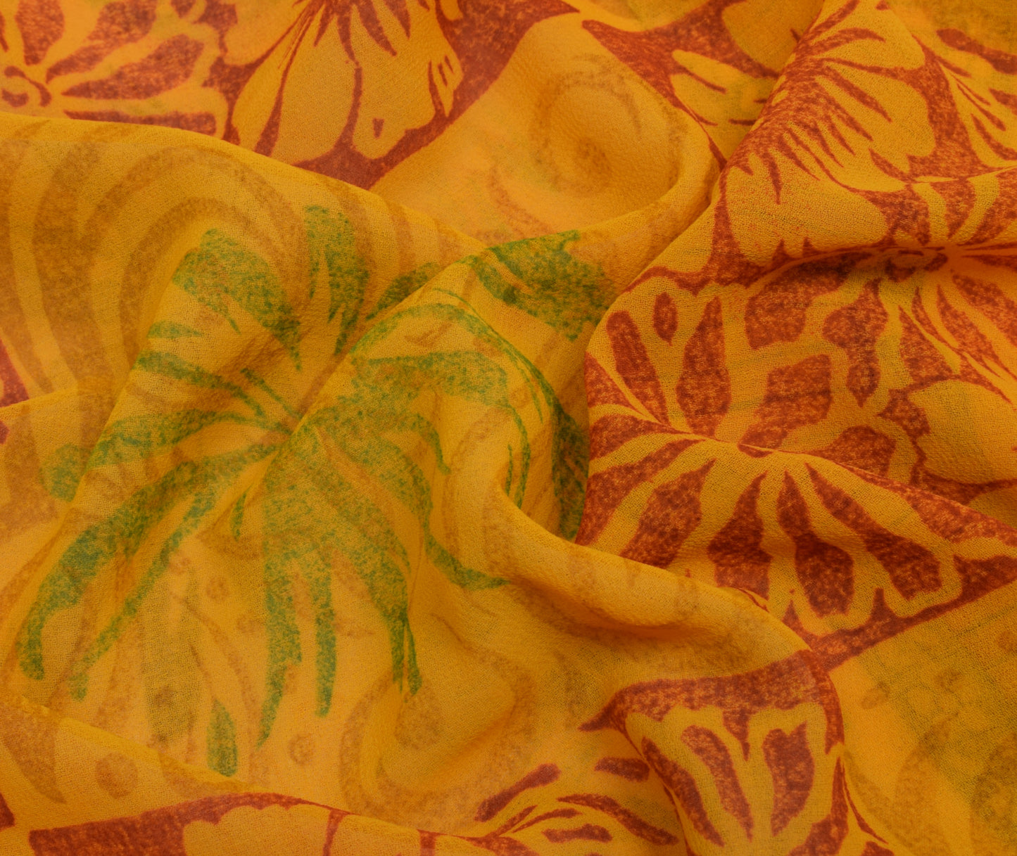 Sushila Vintage Yellow Saree Blend Georgette Silk Printed Floral Craft Fabric