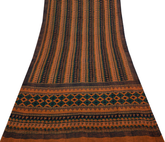 Sushila Vintage Mustard Sari Pure Georgette Silk Hand Block Printed Craft Fabric