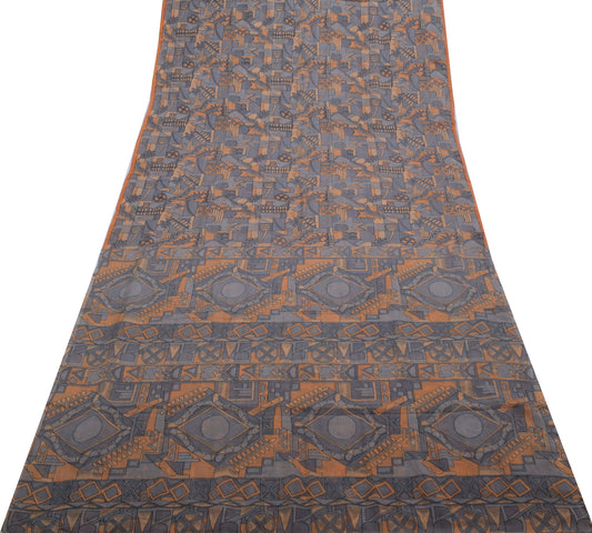 Sushila Vintage Gray Saree 100% Pure Georgette Silk Printed Craft Sari Fabric