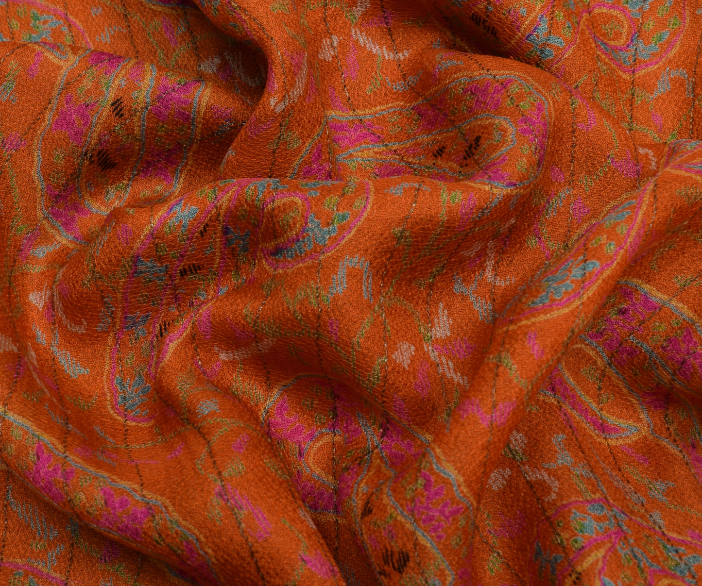 Sushila Vintage Orange Saree 100% Pure Silk Printed Paisley Soft Craft Fabric