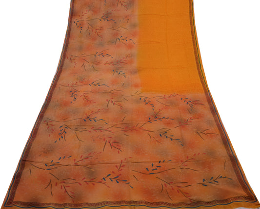 Sushila Vintage Mustard Sari Pure Georgette Silk Printed Floral Craft Fabric