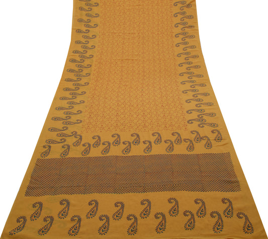 Sushila Vintage Mustard Saree 100% Pure Georgette Silk Printed Craft 5 YD Fabric