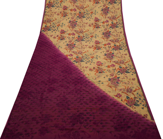 Sushila Vintage Cream Saree 100% Pure Georgette Silk Printed Floral Craft Fabric